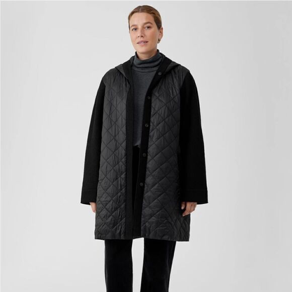 Eileen Fisher eggshell recycled nylon hooded coat - Picture 3 of 6